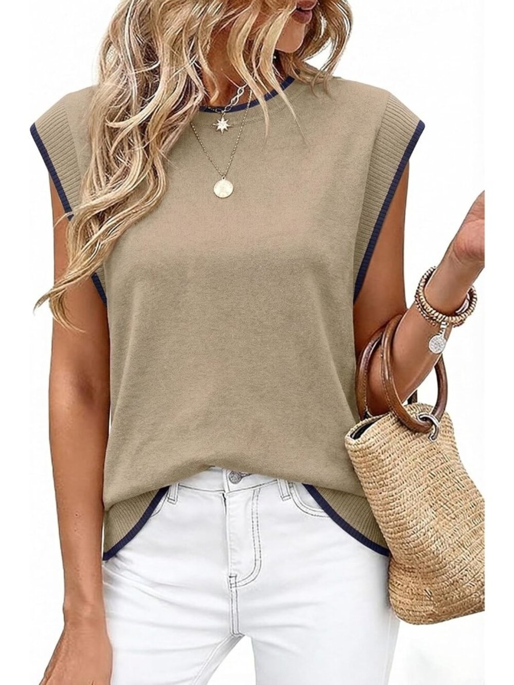Women's Brown Crew Neck Cap Sleeve Tank Tops Business Casual Outfit T Shirts